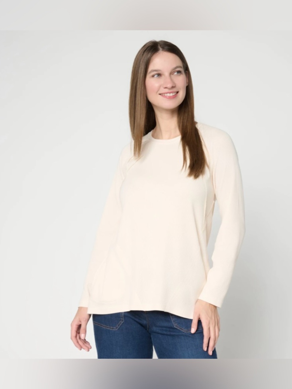 LOGO by Lori Goldstein Seam Detail Rib Long Sleeve Overdye Top in Ecru